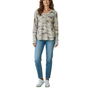 WHITE+WARREN Pure Cashmere Camo Henley Waffle Knit‎ Sweater XS